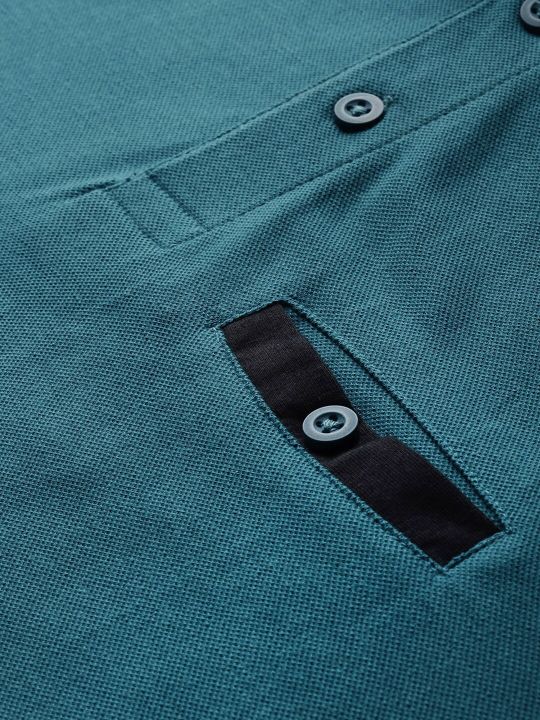 HERE&NOW HERENOW Men Teal Blue Polo Collar Cotton Pure Cotton T-shirt