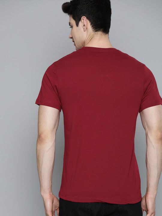 HERE&NOW Men Maroon Pure Cotton Printed Round Neck T-shirt
