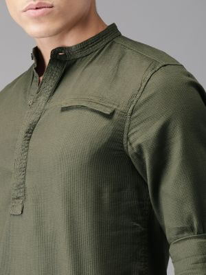 HERE&NOW Men Olive Green Regular Fit Self Design Casual Shirt