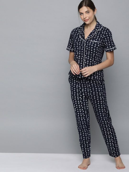 HERE&NOW Women 2 Pc Black & White Printed Night suit