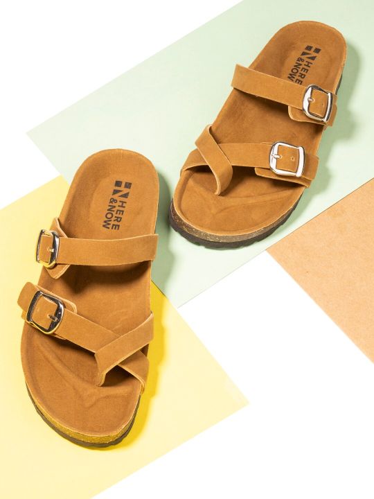 HERE&NOW Women Camel Brown One Toe Flats with Buckles