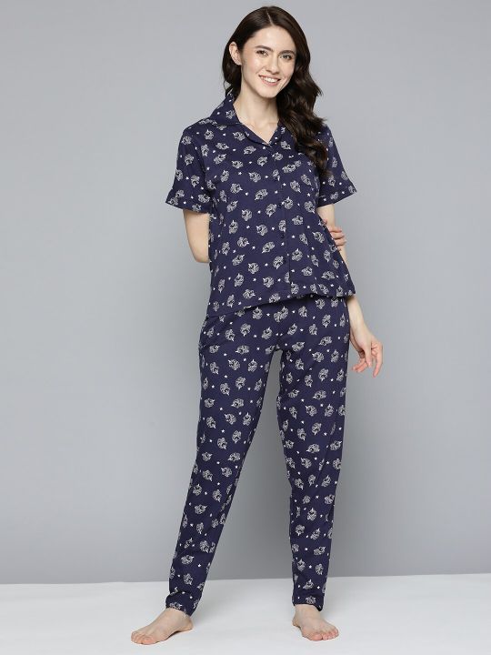 HERE&NOW Women Navy Blue & White Printed Pure Cotton Night suit