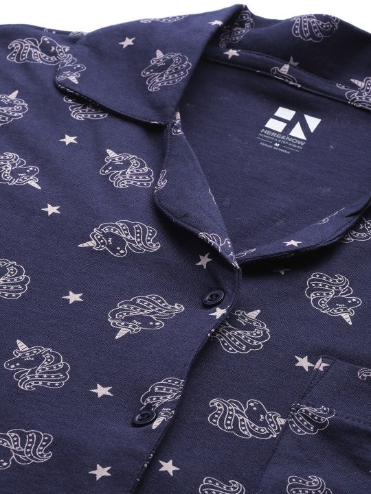 HERE&NOW Women Navy Blue & White Printed Pure Cotton Night suit