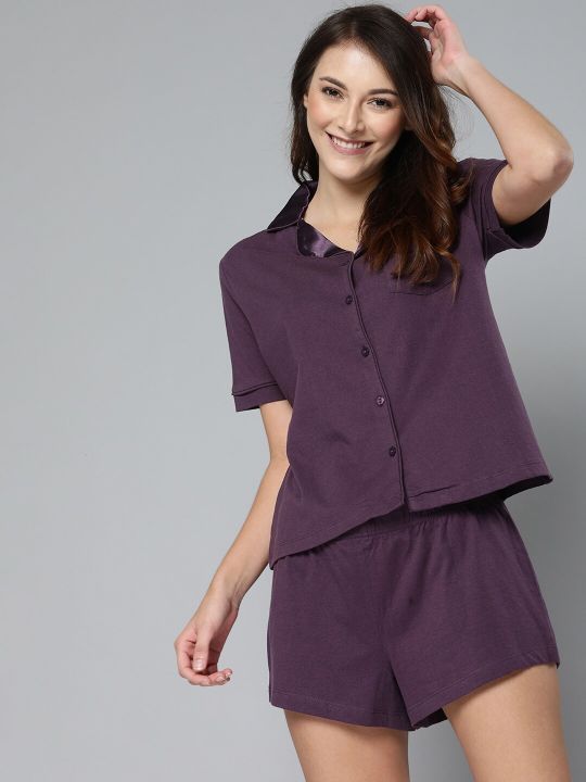 HERE&NOW Women Purple Solid Night suit