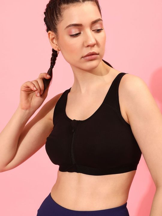 High Impact Lightly Padded Spacer Cup Active Sports Bra in Black with Front Zipper - Cotton