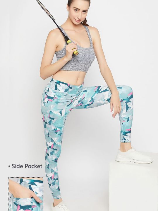 High-Rise Abstract Print Active Tights in Light Grey with Side Pocket