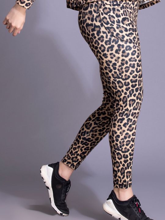 High-Rise Animal Print Active Tights in Brown with Side Pocket