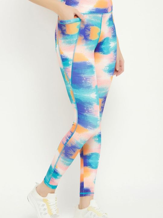 High Rise Brushstroke Print Active Tights in Multicolour with Side Pocket