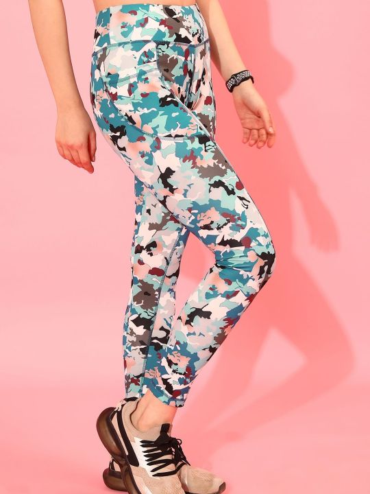 High Rise Camouflage Print Active Tights in Blue with Side Pocket