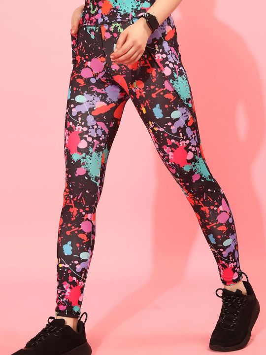 High Rise Paint Splatter Print Active Tights in Black with Side Pocket