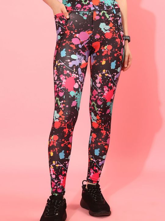 High Rise Paint Splatter Print Active Tights in Black with Side Pocket