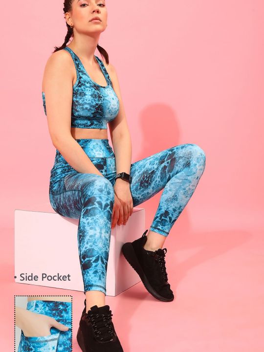 High Rise Printed Active Tights in Navy with Side Pocket