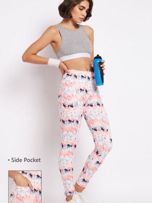 High Rise Tie-Dye Print Active Tights in Peach Colour with Side Pocket
