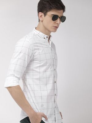 HIGHLANDER Men White & Blue Slim Fit Checked Casual Shirt