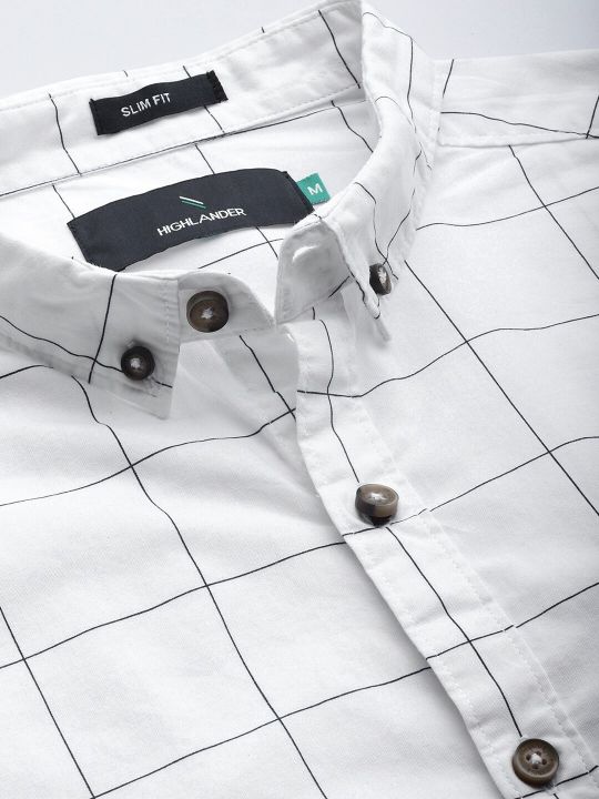 HIGHLANDER Men White & Blue Slim Fit Checked Casual Shirt