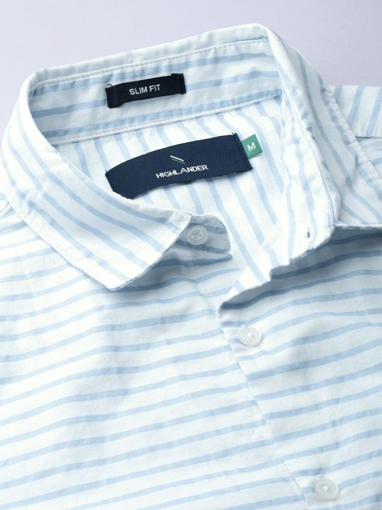 HIGHLANDER Men White & Blue Slim Fit Striped Casual Shirt