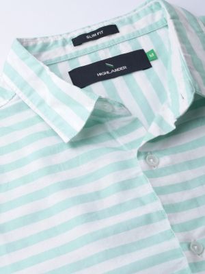 HIGHLANDER Men White & Sea Green Slim Fit Striped Casual Shirt
