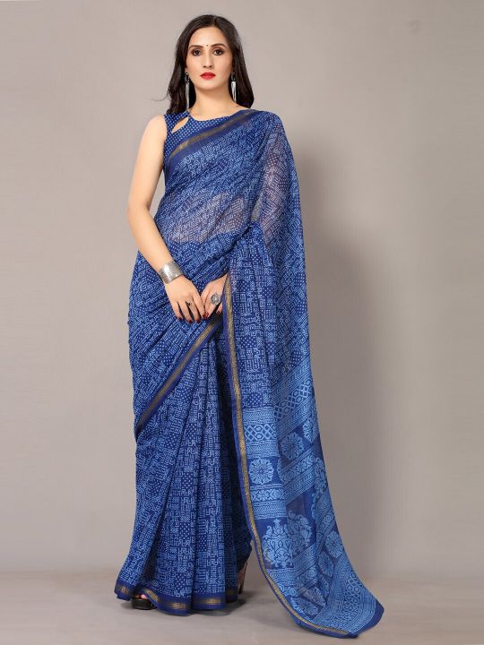 HRITIKA Navy Blue & Golden Zari Block Print Saree