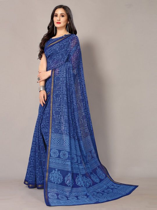 HRITIKA Navy Blue & Golden Zari Block Print Saree