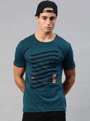 HRX by Hrithik Roshan Men Teal Blue Printed Pure Cotton T-shirt
