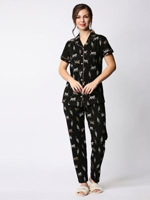 I like me Women Black Pure Cotton Printed Night Suit