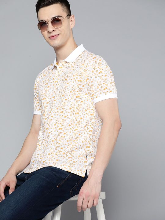Indian Terrain Pure Cotton Floral Printed Polo Collar T-shirt