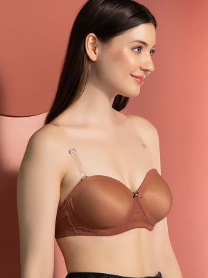 Invisi Padded Underwired Full Cup Strapless Balconette Bra in Beige with Transparent Straps & Band