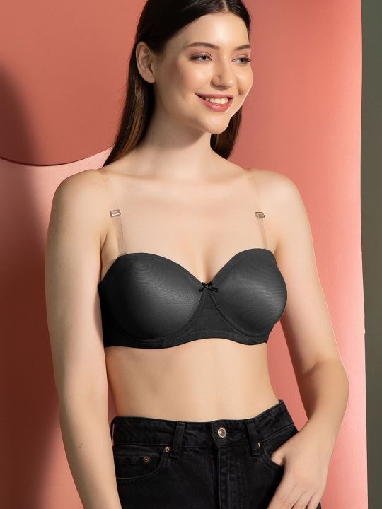 Invisi Padded Underwired Full Cup Strapless Balconette Bra in Black with Transparent Straps & Band