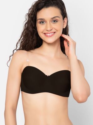 Invisi Padded Underwired Full Cup Strapless Balconette Bra in Black with Transparent Straps & Band