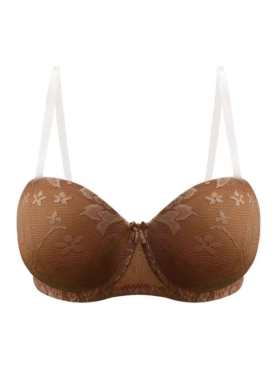 Invisi Padded Underwired Full Cup Strapless Balconette Bra in Brown with Transparent Straps & Band - Lace