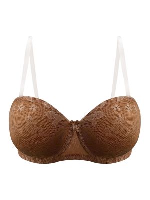 Invisi Padded Underwired Full Cup Strapless Balconette Bra in Brown with Transparent Straps & Band - Lace