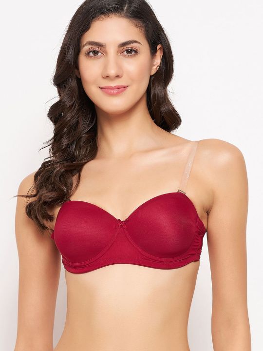 Invisi Padded Underwired Full Cup Strapless Balconette Bra in Maroon with Transparent Straps & Band