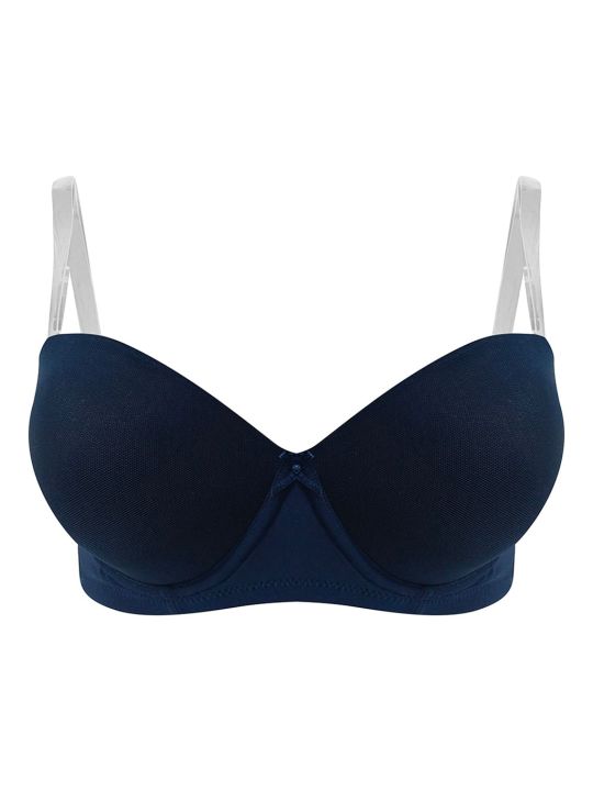 Invisi Padded Underwired Full Cup Strapless Balconette Bra in Navy with Transparent Straps & Band