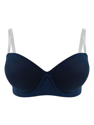 Invisi Padded Underwired Full Cup Strapless Balconette Bra in Navy with Transparent Straps & Band