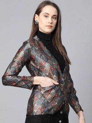 Jompers Women Blue & Maroon Printed Single Breasted Blazer