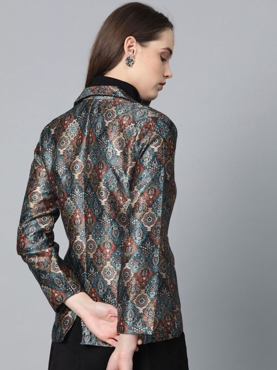Jompers Women Blue & Maroon Printed Single Breasted Blazer