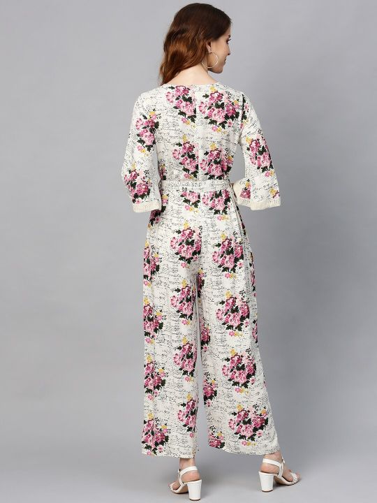 Juniper Women Off-White & Pink Floral Print Basic Jumpsuit
