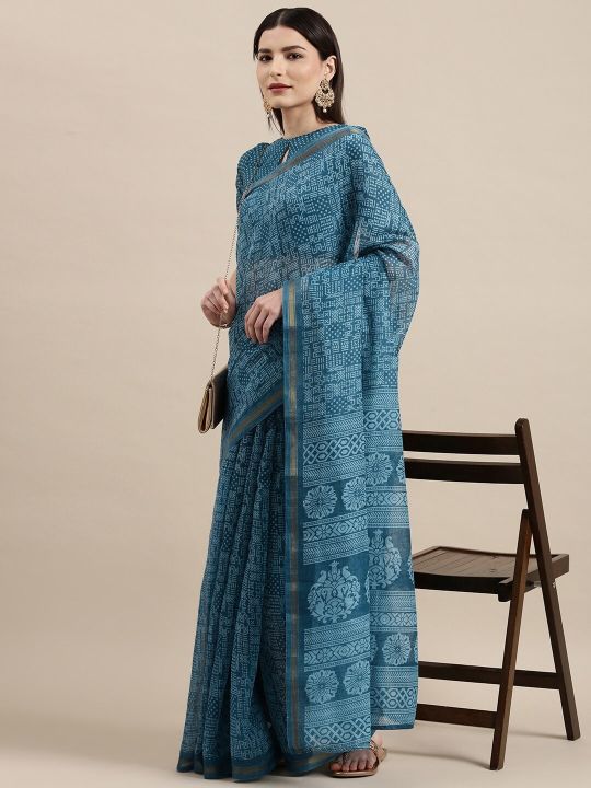 KALINI Blue Ethnic Motifs Zari Saree