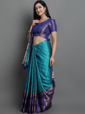 KALINI Blue & Gold-Toned Ethnic Motifs Zari Silk Cotton Saree