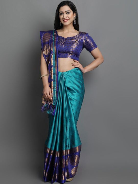 KALINI Blue & Gold-Toned Ethnic Motifs Zari Silk Cotton Saree