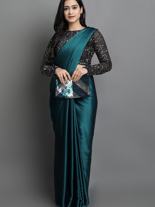 KALINI Blue Sequinned Satin Solid Saree