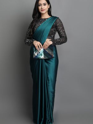 KALINI Blue Sequinned Satin Solid Saree
