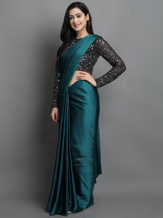 KALINI Blue Sequinned Satin Solid Saree