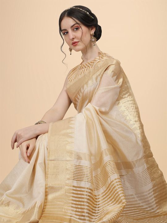 KALINI Cream-Coloured & Golden Embellished Zari Silk Blend Banarasi Saree