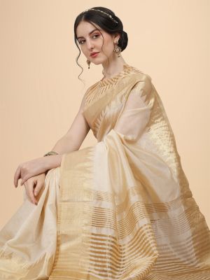KALINI Cream-Coloured & Golden Embellished Zari Silk Blend Banarasi Saree