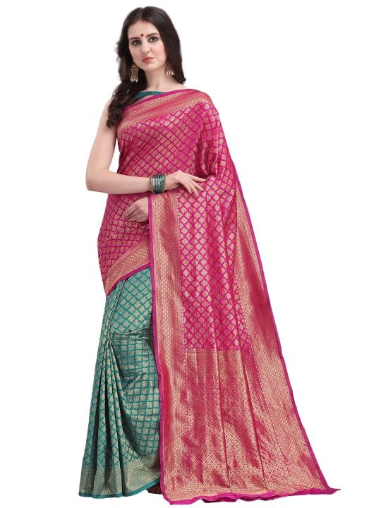 KALINI Green & Pink Ethnic Motifs Zari Silk Blend Half and Half Kanjeevaram Saree