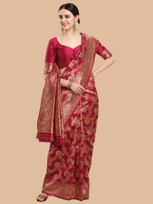KALINI Maroon & Gold Ethnic Motifs Zari Silk Blend Banarasi Saree