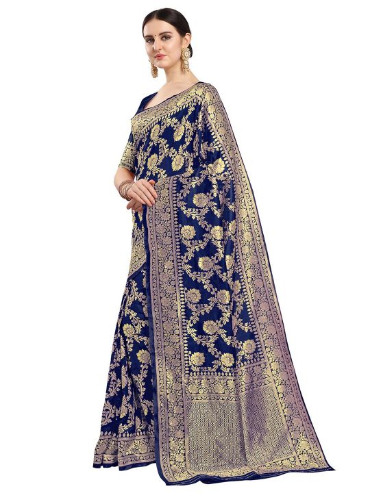 KALINI Navy Blue & Gold-Toned Woven Design Zari Silk Blend Fusion Banarasi Saree