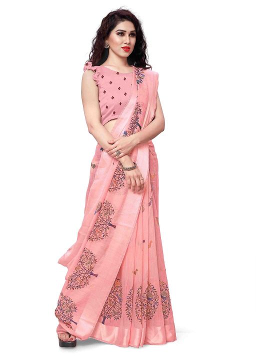 KALINI Peach-Coloured & Blue Polycotton Baluchari Saree