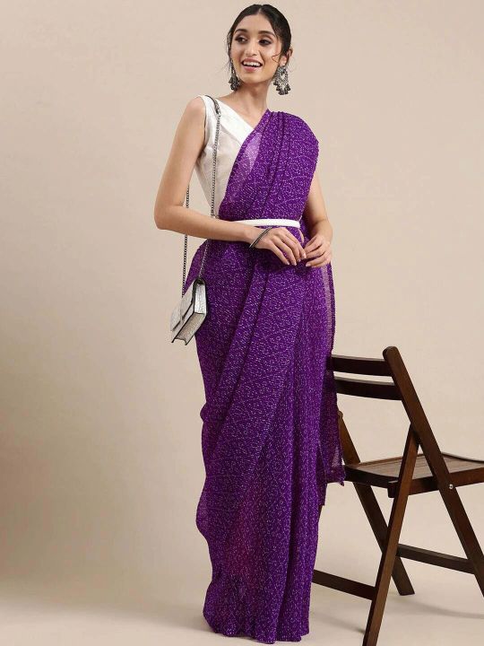 KALINI Purple & White Bandhani Pure Georgette Bandhani Saree
